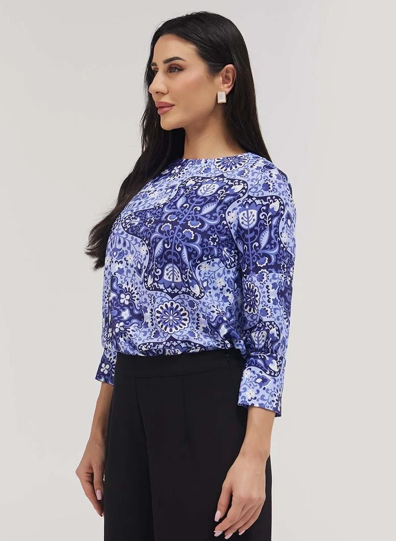 Zigzag Printed Half Sleeve Chiffon Top With A Cuffed Sleeve